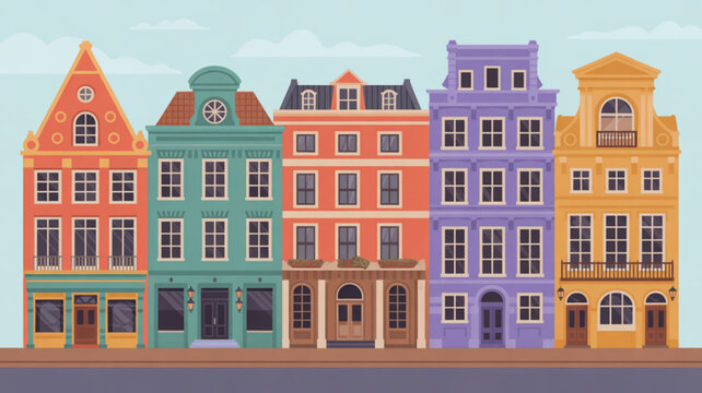 Colorful row of traditional european houses with varied facades and balconies on a calm street