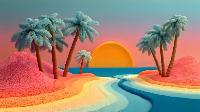 Vivid 3D Plasticine Holiday Scene with Playful Ocean and Palm Trees