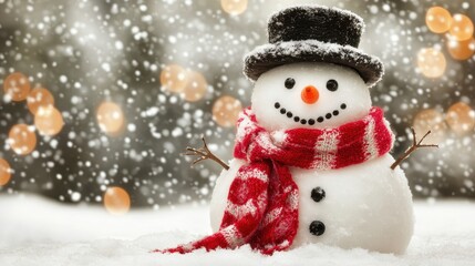 Fototapeta premium A cheerful snowman wearing a black top hat and a red and white striped scarf stands in soft snowy lighting