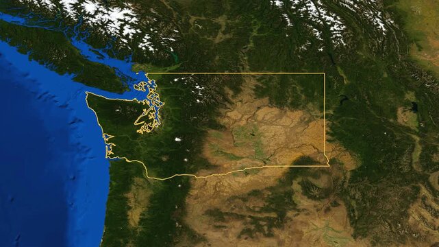 Washington high resolution 4k satellite earth map zoom cinematic animation 3d drop shadow highlighting American state borders for US travel tourism geography and geopolitical national news broadcast