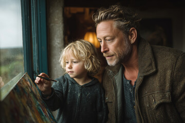Father and son create art together by sunny window at home
