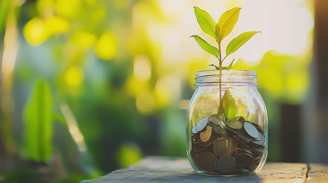 Young plant sprouting from coins inside a glass jar with soft natural background, representing financial growth and investment.