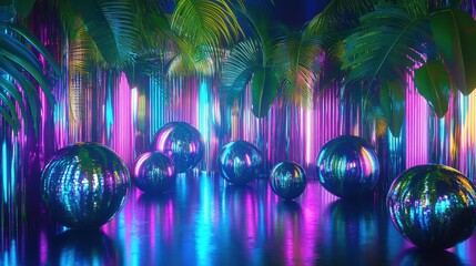 Vibrant Neon Festive Decorations With Reflective Spheres And Tropical Leaves In A Modern Interior