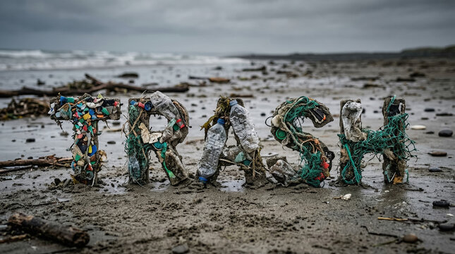 3D Typography "TRASH" Tangled and Compressed from Urban Garbage and Waste