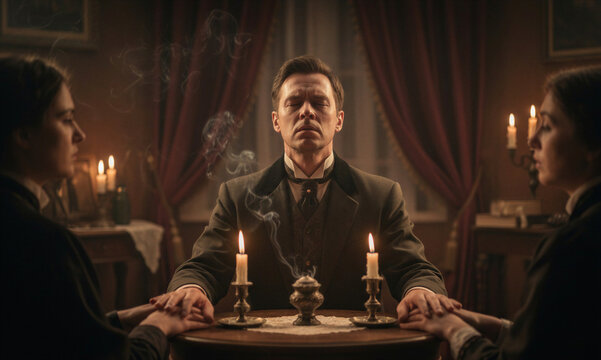 Cinematic historical reenactment of a Victorian-era s&eacute;ance. A man in period clothing meditates with eyes closed at a round table, flanked by two women holding hands in a dimly lit room. 