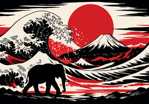 Mount Fuji sunrise with elephant and travelers vector illustration flat design scenic landscape art