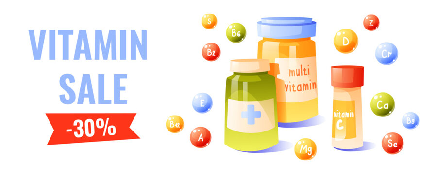 Vitamin Sale Banner with Multivitamin Bottles and Minerals 30 Discount Pharmacy Promotion