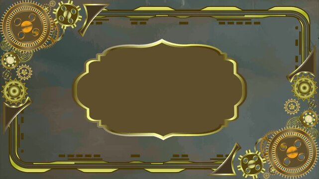 Luxury steampunk frame with golden gears and vintage metal texture background. Retro mechanical border animation, elegant Victorian style design, perfect for titles, presentations, intro, loop, overla