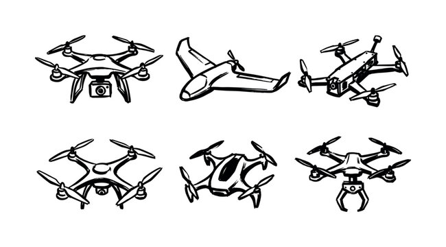 Collection of six hand-drawn drone illustrations in a black ink sketch style, featuring various quadcopters, a fixed-wing UAV, and a delivery vehicle with a claw
