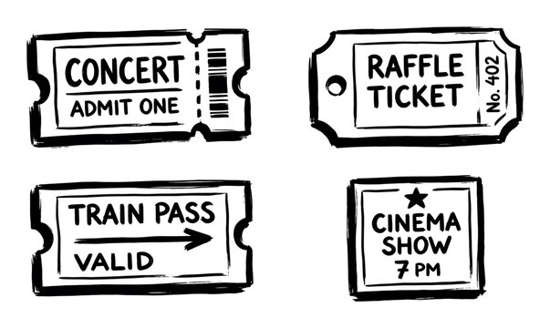 Collection of four hand-drawn tickets for various events like concerts, raffles, cinema, and train travel, illustrated in a bold black ink doodle style with rough brush strokes