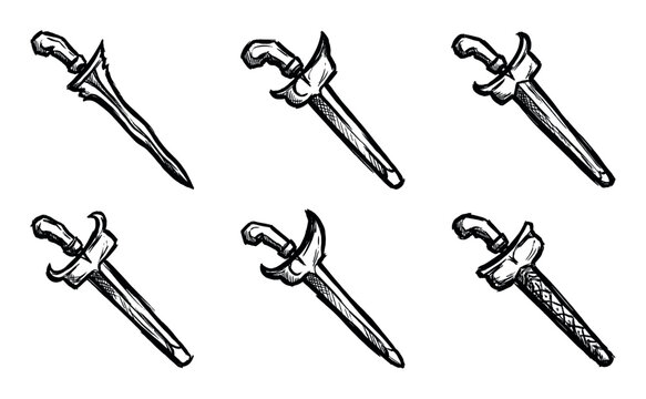 Collection of six traditional Asian daggers in a rough hand-drawn ink sketch style, showing various blade and hilt designs including the iconic wavy keris blade