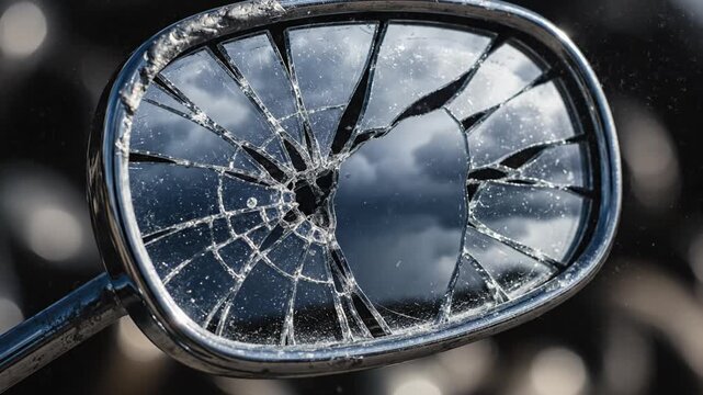 Cracked chrome mirror reflecting a stormy sky with a lightning bolt. Dramatic scene symbolizing bad luck or disaster. Use for conceptual projects about accidents or weather.