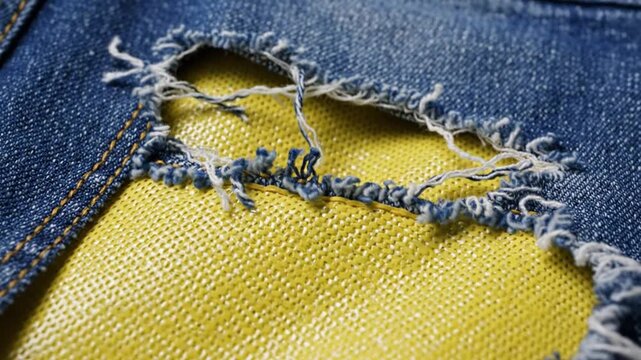 Close up of a hole in blue denim revealing yellow textured fabric. Frayed edges create a rugged, worn aesthetic with bold color contrast. Ideal for fashion design and textile repair concepts.