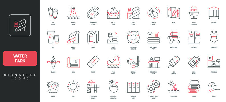 Water and aqua park pools and playground, ticket to attractions, fountain line icon set. Relax zone and sun lounger, inflatable tube and slide thin black and red outline symbols vector illustration
