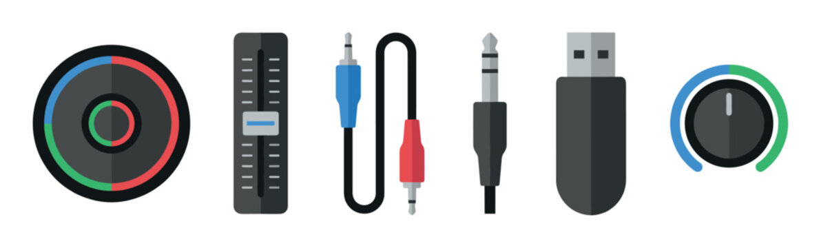Set of audio equipment icons featuring knobs, a fader, cables, and a USB plug in a modern flat design style for digital interface and music production concepts