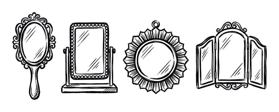 Set of four vintage hand-drawn mirrors in an ornate antique style, including a hand mirror, tabletop mirror, sunburst mirror, and a triptych dressing table mirror