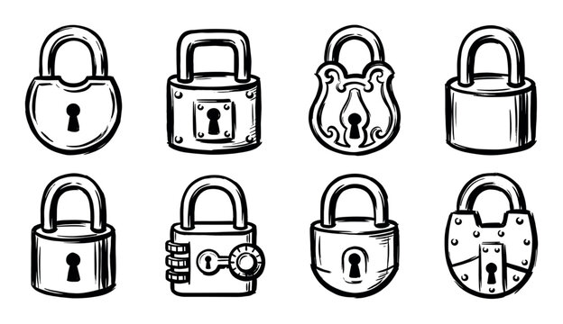 Set of eight hand-drawn padlocks in various vintage and modern designs, illustrated in a black and white sketch style with bold ink outlines for security concepts