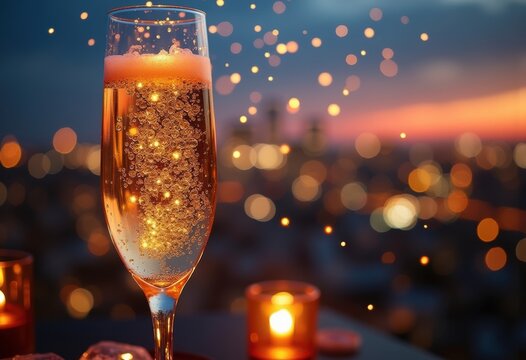 Glistening Prosecco Bubbles in Elegant Champagne Flute at Exclusive Rooftop Aperitivo Hour