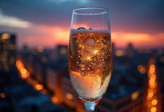 Glistening Prosecco Bubbles in Elegant Champagne Flute at Exclusive Rooftop Aperitivo Hour