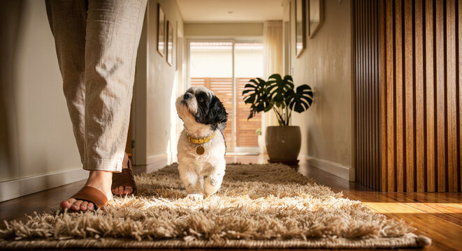 A Shih Tzu dog following its owner down the hallway - Um c&atilde;o da ra&ccedil;a Shih Tzu seguindo sua respons&aacute;vel pelo corredor