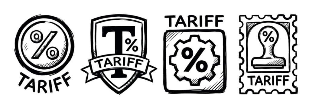 Hand-drawn tariff icon set with percentage symbols representing trade tax, customs duty, and financial import fees in a black and white sketch doodle illustration
