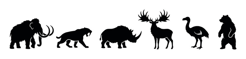 Fototapeta premium Collection of black prehistoric animal silhouettes including a mammoth, saber-toothed cat, woolly rhino, Irish elk, moa, and cave bear in a simple vector illustration style