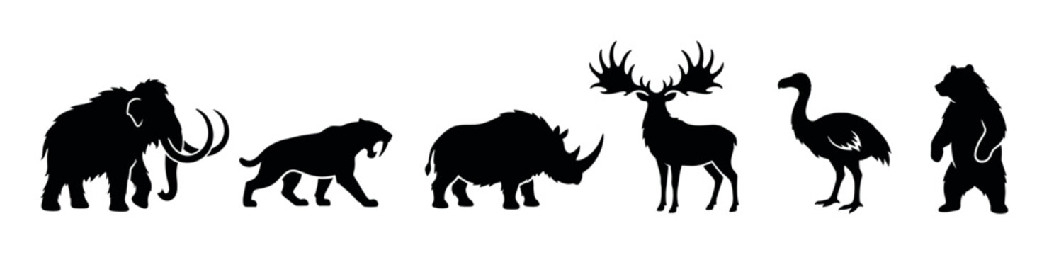 Collection of black prehistoric animal silhouettes including a mammoth, saber-toothed cat, woolly rhino, Irish elk, moa, and cave bear in a simple vector illustration style