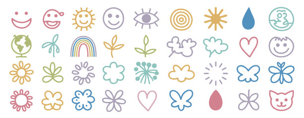 Obraz premium Diverse collection of colorful hand-drawn doodle icons and symbols vector illustration
