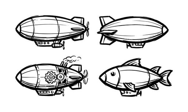 Set of four hand-drawn airships in a black ink sketch style, including a steampunk dirigible with gears and a whimsical fantasy fish-shaped blimp design element