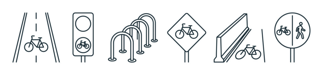 Fototapeta premium Set of bicycle infrastructure line icons showing a bike lane, traffic light, parking rack, road sign, and shared path for urban cycling and transportation safety