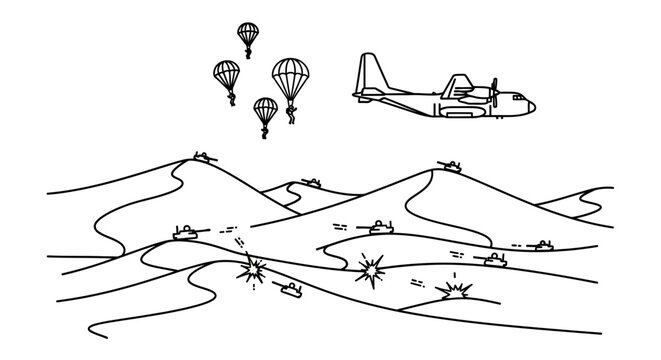 Military air drop operation with paratroopers and ground combat in desert landscape