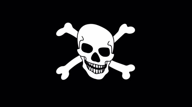 Waved black pirate flag with skull and crossbones animation. Motion design with transparent background, alpha channel