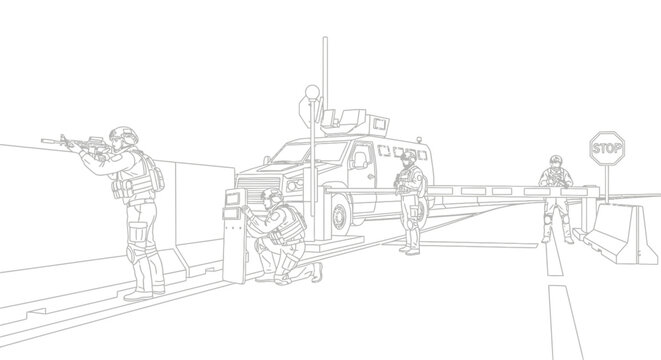 Military checkpoint with soldiers and armored vehicle, security operation, border control, armed forces