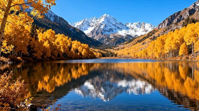 Autumn lake with mountain reflection