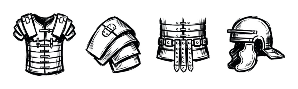 Set of ancient Roman legionary armor pieces including a helmet, cuirass, arm guard, and belt, hand-drawn in a black and white ink sketch illustration style