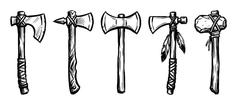 Set of five hand-drawn ancient axes and tomahawks in a black and white sketch style, showing various primitive weapon designs from stone age to tribal tools with feathers