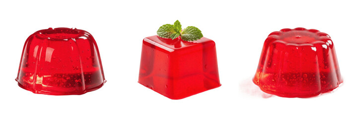 Set of red gelatin dessert molds with fresh mint leaf garnish transparent background png © Mr Stock