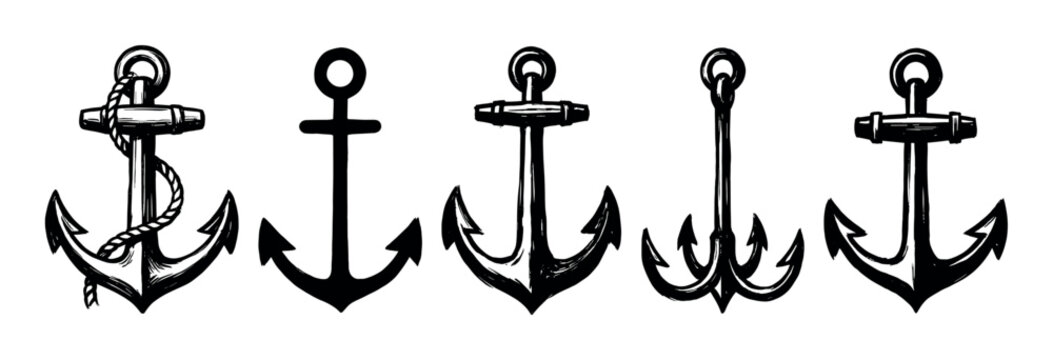 Set of five black anchor illustrations in a hand-drawn sketch style showing various nautical designs, including a classic shape with rope and a grappling hook symbol