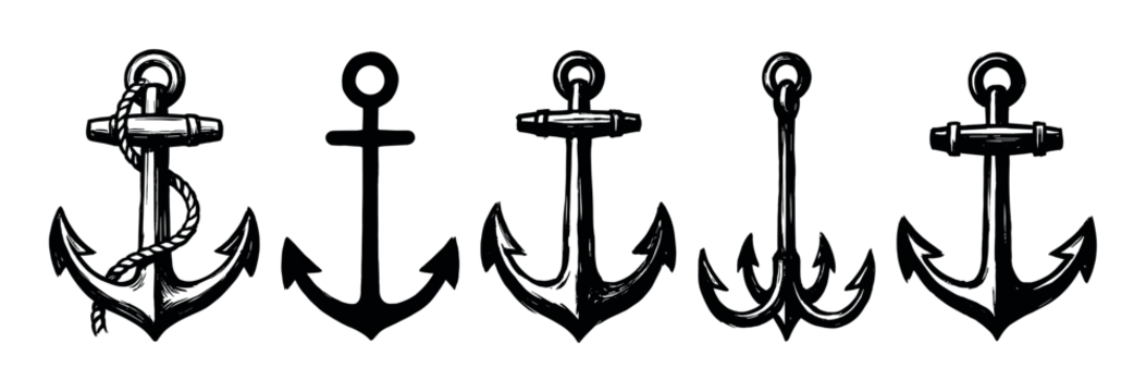 Set of five black anchor illustrations in a hand-drawn sketch style showing various nautical designs, including a classic shape with rope and a grappling hook symbol