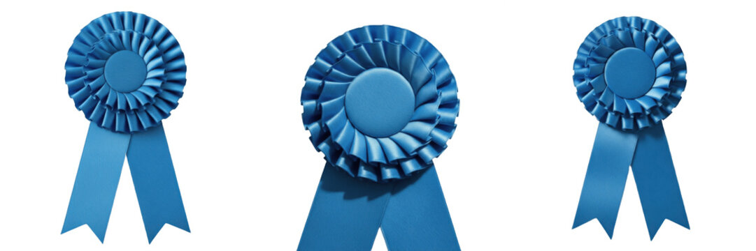Set of blue award ribbon rosettes for first place winners transparent background png