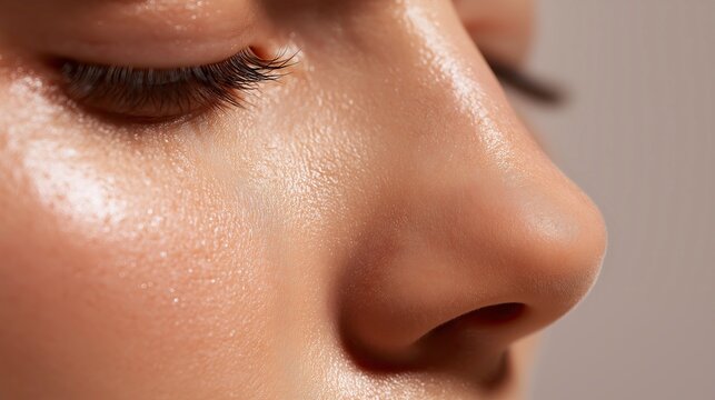 Closeup of Oily Nose Skin with Visible Pores and Shine &ndash; Skincare and Dermatology Concept for Pore Treatment and Cosmetic Products