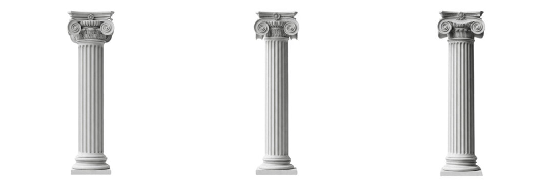 Set of white marble greek ionic columns and ancient roman pillars transparent background png