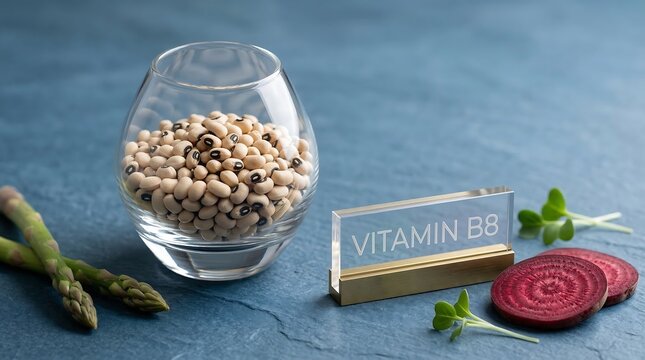 Black-eyed peas and beetroot slices with asparagus and a Vitamin B8 sign on a blue background