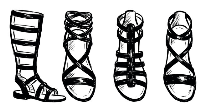 Four different hand-drawn gladiator sandals in a black ink sketch style, showcasing a collection of historical footwear designs with various straps and laces
