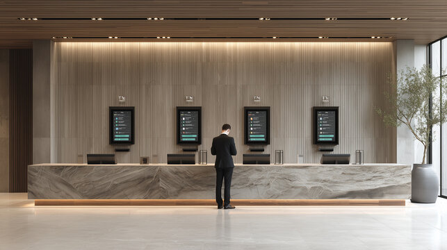 A man in a suit stands at a modern hotel reception desk with digital screens