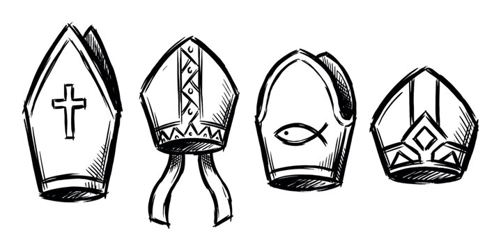 Four hand-drawn bishop mitre hats in a sketchy black ink style, featuring various religious symbols like a cross and fish, representing different episcopal headwear designs