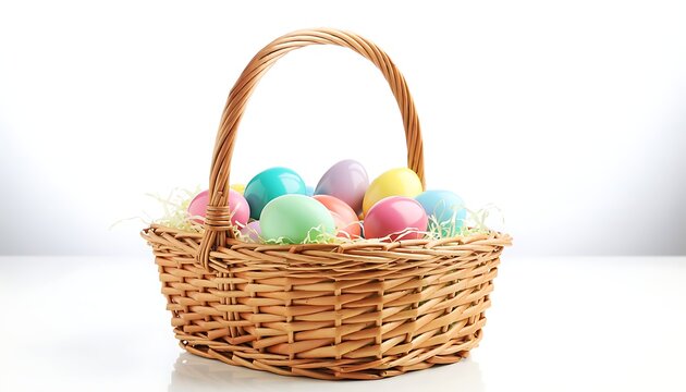 Basket of colorful easter eggs against white background. Perfect for easter promotions, spring designs, holiday graphics, and festive decorations.
