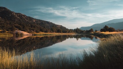 Fototapeta premium Serene Lake Reflection in Mountain Landscape at Golden Hour