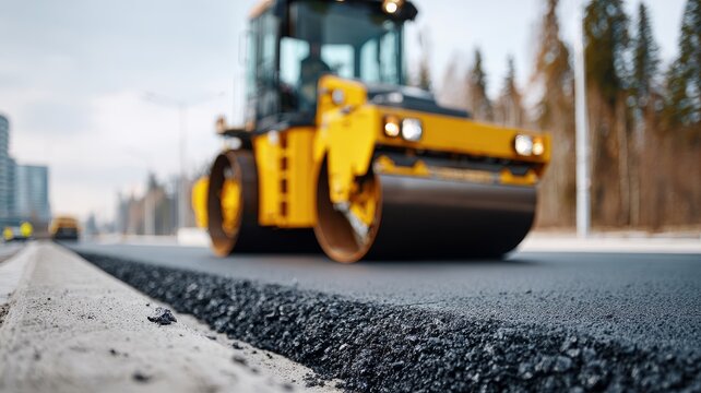 Industrial steamroller paving fresh asphalt road in urban area
