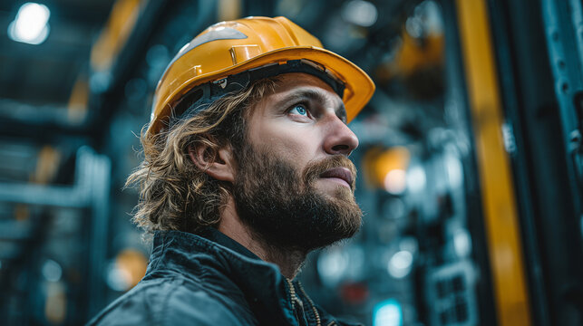 A construction worker wearing a yellow hard hat looks up in a warehouse